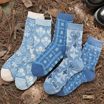 1 чифт сини райета клетчатых женските чорапи от чист памук, с бродирани цветя, елегантни чорапи Harajuku kawaii loli, сладки чорапи за момичета