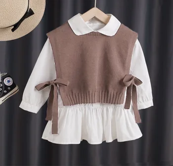 2022 мода Есен марка дрехи за малките момичета, Вязаный Пуловер, Жилетка + Ризи, рокля, 2 бр./компл., комплекти дрехи за момичета, детски костюм, Жилетка