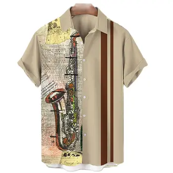 2022 мъжка риза, хавайски случайни музикален инструмент с принтом на една пуговице, универсална лятна плажна риза, плажен топ с къс ръкав 1