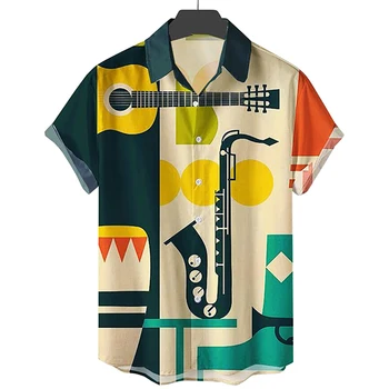 2022 мъжка риза, хавайски случайни музикален инструмент с принтом на една пуговице, универсална лятна плажна риза, плажен топ с къс ръкав 3