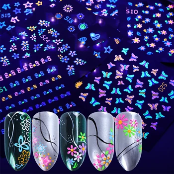 24 бр. Флуоресцентни Етикети За Дизайн на Ноктите 3D Neon Дъга Разцвет Пеперуда Цветя Звезди Плъзгачи Светещи Лепило Тайна BES1-24
