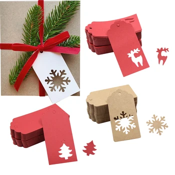 50 БР. Коледни Етикети от Крафт-хартия, Куха Червена и Бяла Естествена Снежинка/Елен, Подвесная Етикет, на Коледа за Опаковане на Подаръци 
