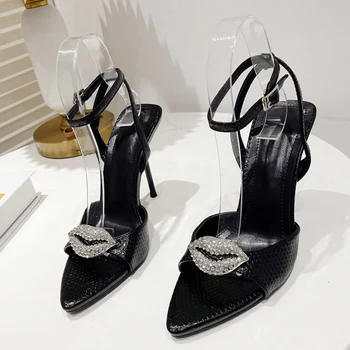Liyke, размери 35-42, летни Черни Сандали На Висок ток с отворени пръсти, Пикантен дамски официални модела обувки на висок ток с Кристали и Катарама