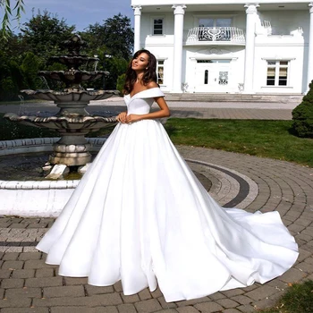MYYBLE 2021, Чисто Бяло Елегантна Атласное Сватбена рокля Трапецовидна Форма С V-образно деколте и открити Рамене, Сватбената рокля Дантела, Евтино