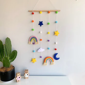 Rainbow Луната Облак Монтиране На Дървена Скандинавски Ресни За Съхранение На Снимки, Скандинавски Начало Декор Закачалка Детска Спалня Декор