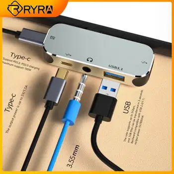 RYRA Многофункционален 6 в 1 hub Type-C с жак 3,55 мм PD100W USB3.0 / USB2.0 / USB3.1 HDMI-съвместим USB удължителен кабел Type C Hub