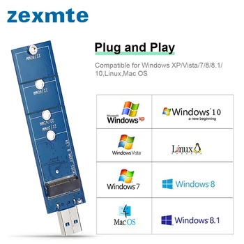 Zexmte USB 3.0 до M. 2 NGFF SSD Адаптер 80 мм M2 USB адаптер BKey M. 2 SATA Адаптор NGFF към USB SSD Карта за 2230 2242 2260 2280