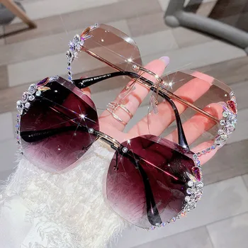 Големи Слънчеви Очила Дамски Луксозни Дизайнерски Vintage Слънчеви Очила Без Рамки Модни Очила За Една Дама По-Голяма Рамка Огледален Градиент