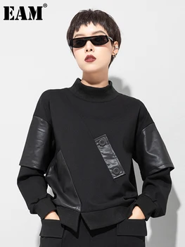 [ИАЛ] Женска Черна тениска с джобове от изкуствена кожа с Голям размер, Нова Поло С Дълъг ръкав, Модерен прилив, Пролет-Есен 2023 1DD0680