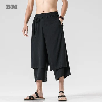 Китайското Традиционната Рокля Плюс Размера На Ленени Панталони Летни Фалшиви Два Безплатни Ретро Укороченных Панталони Мъжки Дрехи Етнически Стил Casual Hanfu