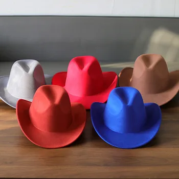Ковбойская шапка аксесоари главата на кравата, кравата модел шапка однотонная фетровая шапка за мъже и жени голяма ръбовете шапка на открито в западен рицар каубой wa