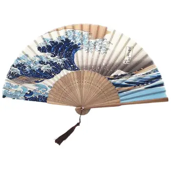 Коприна Фен На Японски Сгъваем Бамбук Фен Kanagawa Wave Pattern Вечерни Танци Ръчни Вентилатора За Сватбена Декорация На Дома