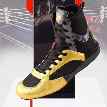 Луксозни Боксови Обувки Мъжки Големи Размери 36-47 Дишащи Боксови Маратонки Златисто-Черни Качествени Борцовские Мъжки Маратонки