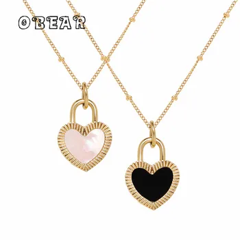 Мода Гравиран Заключване на Сърцето Черен Акрил Бял Корпус Огърлица за Жени Момиче от Неръждаема Стомана С 18 К Златно покритие Темперамент Jewelr