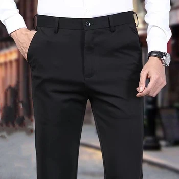 Модни Черни Костюмные Панталони за Мъже, Луксозни плътно Прилепнали Панталони, Мъжки Летни Тънки Бизнес Ежедневни Панталони, Разтеглив прави Панталони, Мъжки