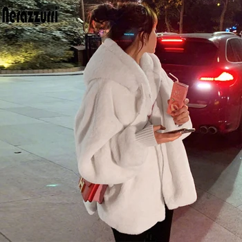 Нерадзурри Зимна бяла негабаритная яке от изкуствена кожа жена с качулка, ръкав raglan с цип корея модни дрехи за жени 2021