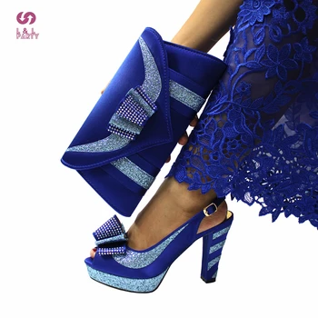Нови постъпления в зряла стил, нигерийски дамски обувки и чанта в комплект Кралския син цвят, сандали на висок ток с отворени пръсти