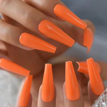 Оранжевият цвят на Гроба на изкуствена Ongles-дълги дебели многократно UV гланц за блясък заострени натиснете върху ноктите предварително зададени 24 1