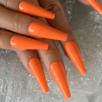 Оранжевият цвят на Гроба на изкуствена Ongles-дълги дебели многократно UV гланц за блясък заострени натиснете върху ноктите предварително зададени 24 4