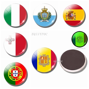 Светещи Магнити за Хладилник Флаг 30 мм Стъклена Магнит за Хладилник Спомен Европа: Италия, САН Марино, Малта, Испания, Португалия, Андора