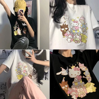 Сладка Тениска с Анимационни герои Kawaii Kuromi My Melody Cinnamoroll, Нова Универсална Корея Студентски Свободна Тениска с Къси Ръкави и Принтом, Подарък